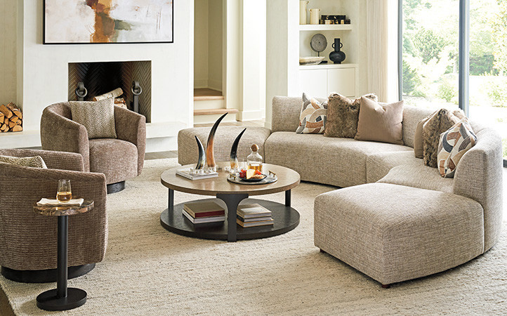 Zanzibar living room scene featuring sectional and cocktail table.