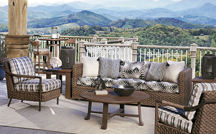 Kilimanjaro living room scene featuring sofa, two chairs and a cocktail and end tables.