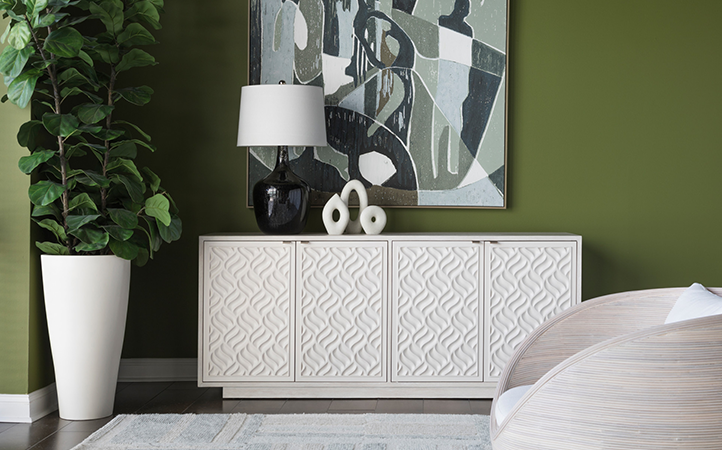 Solimar living room scene featuring media console and swivel chair.