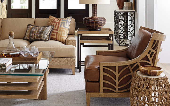 Los Altos Living room showing sofa, cocktail table and chair with interesting carved shape detail.