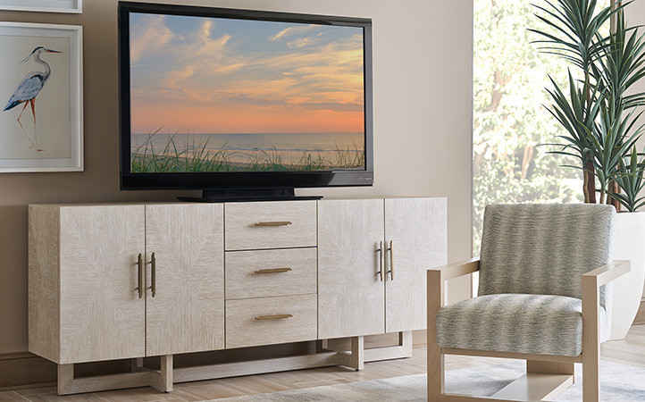 Silverstone living room scene featuring a media console and chair.