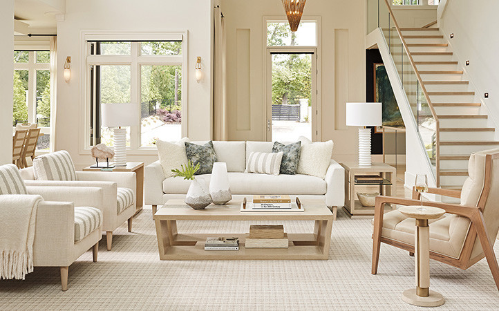 Sunset Key living room scene featuring sofa, two chairs, end tables and a cocktail table.