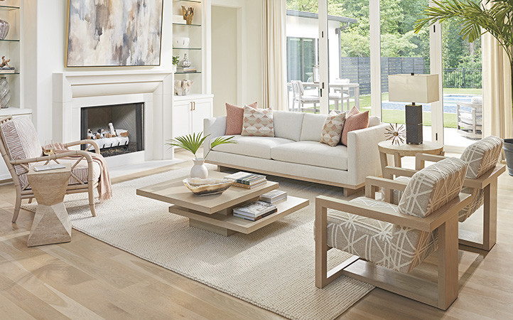 Sunset Key living room scene featuring sofa, two chairs, end tables and a cocktail table.